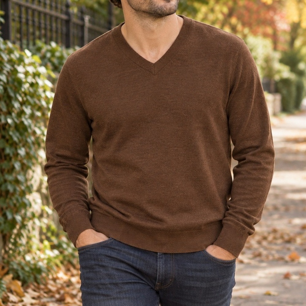 Turnbury Mens Chocolate Brown Extra Fine Merino Wool V-Neck Sweater Size L